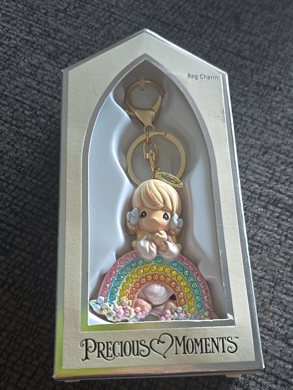 Precious Moments Pastel Rainbow Girl Bag Charm with Gold Hardware